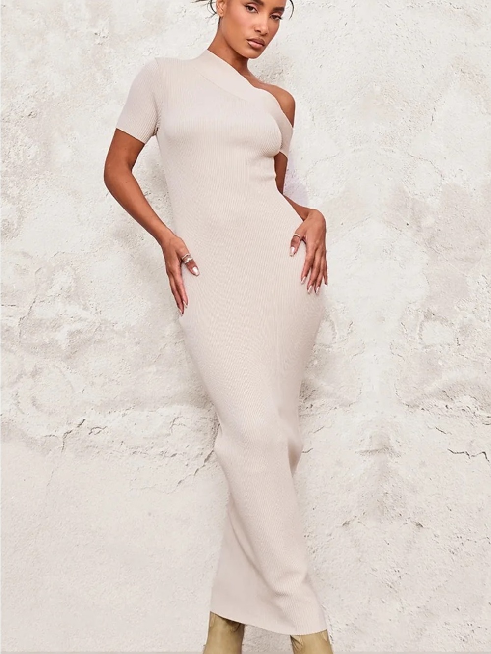 PLT One-Shoulder Asymmetric Neck Ribbed Maxi Dress in Oatmeal/Cream